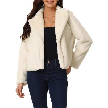 Seta T Women's Fashion Long Sleeve Faux Fur Fluffy Notch Lapel Cropped Jacket