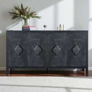 Antique Four Door Cabinet with Carved Flower Handles, Wooden Sideboard Buffet Console for Living Room Kitchen Hallway - 1 of 4