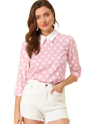 Allegra K Women's Polka Dots Contrast Peter Pan Collar 3/4 Sleeves Blouse