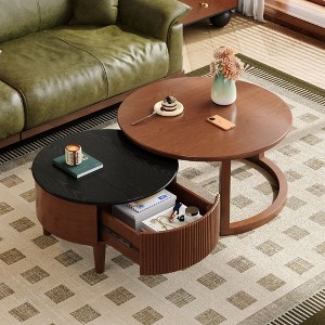 PAGED Nesting Coffee Table Vintage Round Living Room Table with Drawer, Center Table for Living Room, Study - 1 of 4