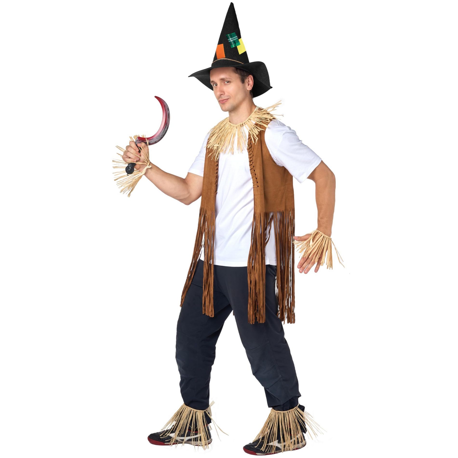 Joyfy Halloween Dress Up Party Favors Scarecrow Costume Set with Straw Hat/Skirt for Kids Adults Halloween Cosplay Harvest Party Accessories