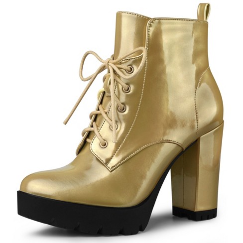 Allegra K Women's Round Toe Chunky Heel Lace Up Platform Boots Gold 9 :  Target