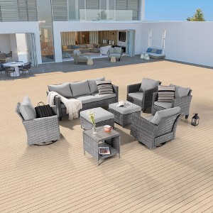 Sonkuki 8-Piece Patio Conversation Set with Swivel Rocking Chair and Side Table, Navy Blue Cushion - 1 of 4