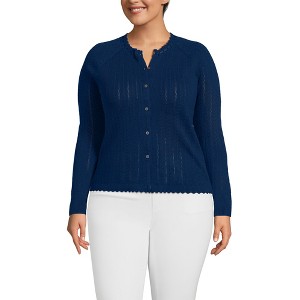 Lands' End Women's Cotton Pointelle Satin Trim Cardigan Sweater - 1 of 4