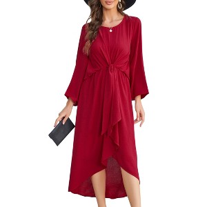 Clearlove Women's Tie Waist Round Neck Bell Sleeve Midi Dress Flowy A-Line Casual Summer Gown - 1 of 4