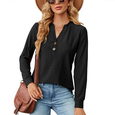 Womens Long Sleeve Button V Neck T-shirt Fall Causal Loose Solid Color Shirt Fashion Top Blouse Black M