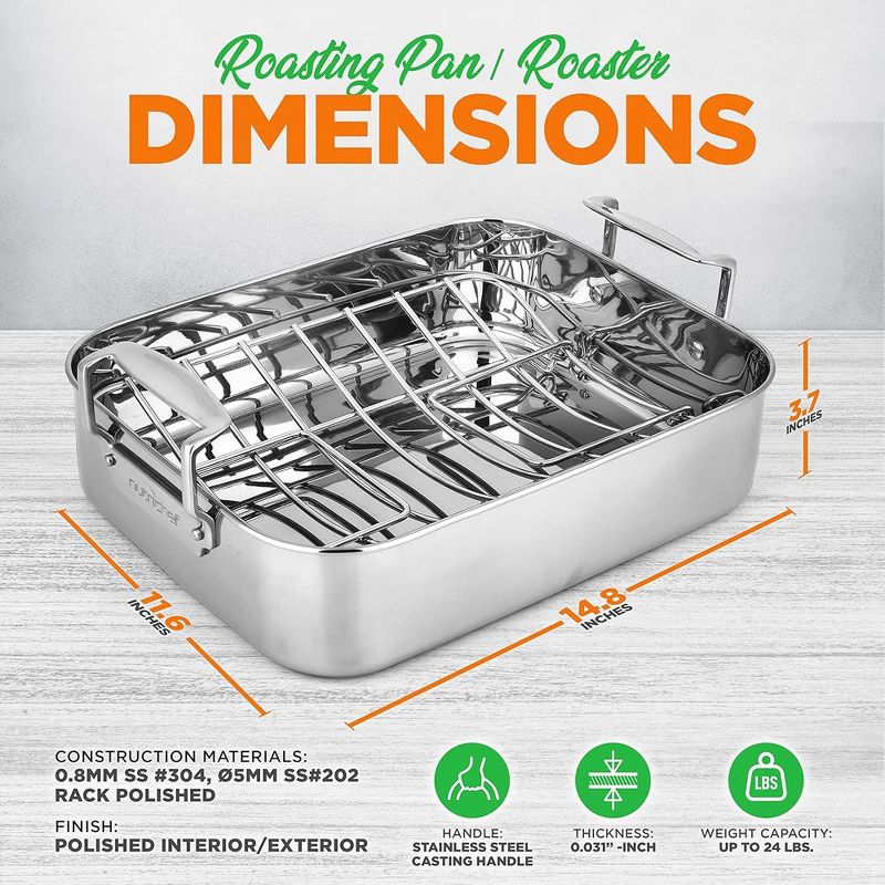 NutriChef Roasting Pan with Polished Rack, Wide Handle, and Stainless Steel Lid, 2 of 9