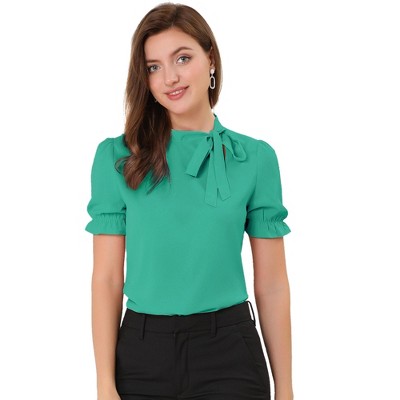INSPIRE CHIC Women's Bow Tie Neck Solid Color Elastic Cuffs Elegant Office Short Sleeve Blouse