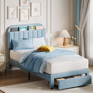homfan Twin Velvet Bed Frame for Girls with Storage Headboard & Drawer, No Box Spring Needed, Easy Assembly - 1 of 4