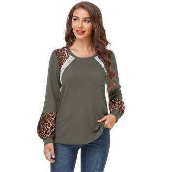 Women's Long Sleeve Leopard Print Tunic Tops Casual Color Block Blouse Loose T Shirt