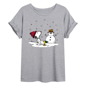 Women's - Peanuts - Snoopy and Woodstock Snowman Oversized Graphic T-Shirt - 1 of 4