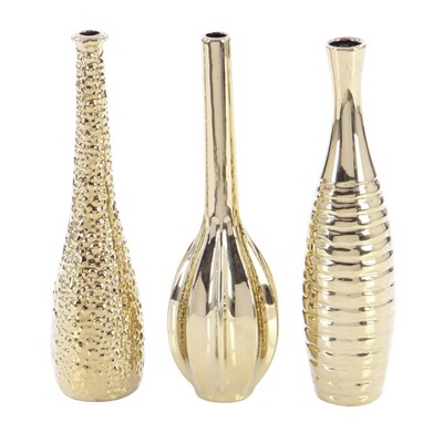 Gold Slim Textured Ceramic Vase Set of Three