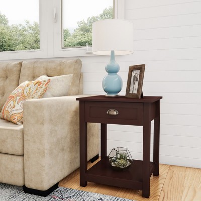 Umber Brown Shaker Style End Tables with Drawer and Shelf, Set of 2