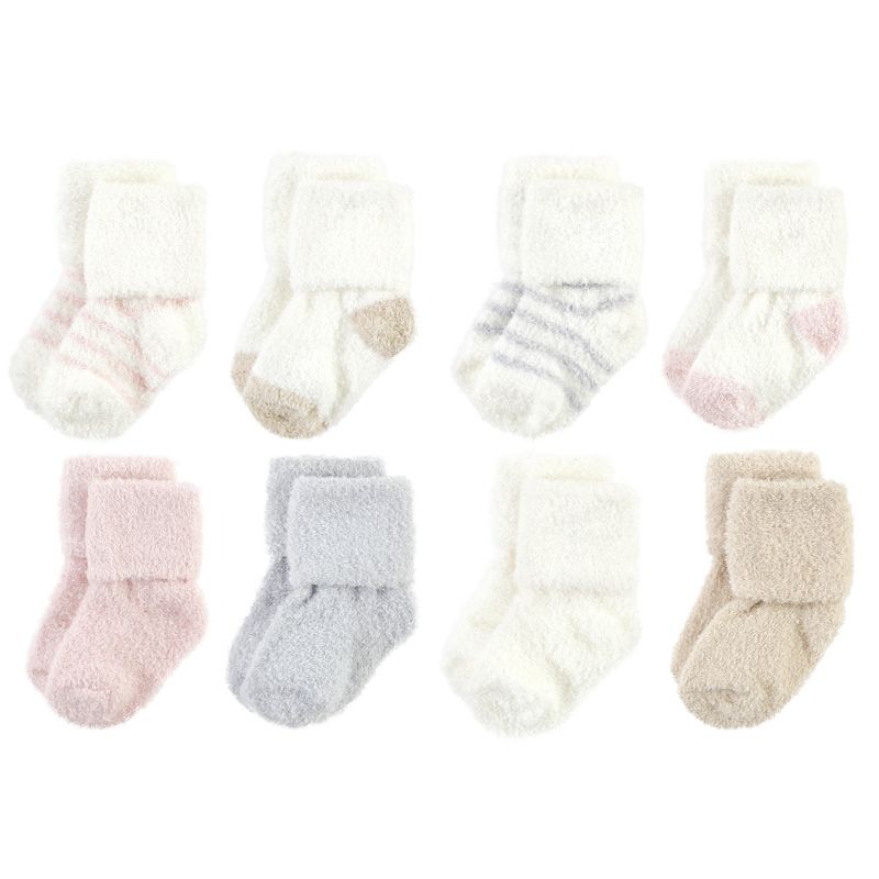 Hudson Baby Infant Girl Cozy Chenille Newborn and Terry Socks, Pink Neutral Stripe, 1 of 7