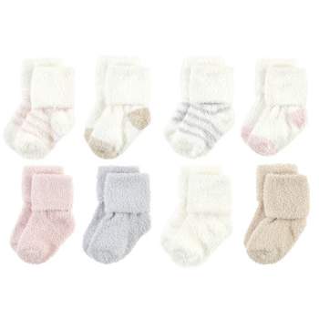 Hudson Baby Infant Girl Cozy Chenille Newborn and Terry Socks, Pink Neutral Stripe