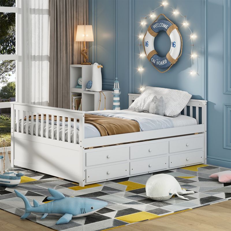 Costway Full Daybed Frame with Twin Trundle Bed & 3 Storage Drawers Wood Sofa Bed White, 2 of 11