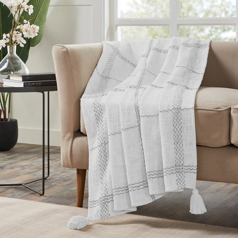 Kate Aurora Berkshire Cotton Plaid Fringed Accent Throw Blanket 50 in. W x 60 in. L Harbor Mist Gray