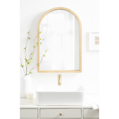 Natural Wood Arched Vanity Mirror with Deep Profile
