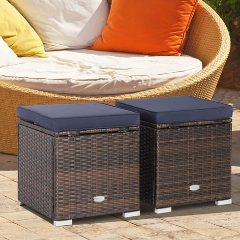 Costway 2pcs Patio Rattan Ottomans Seat Side Table Storage Box