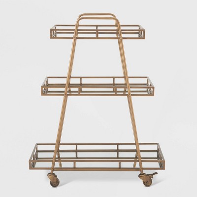 Elegant Antique Gold Rolling Bar Cart with Mirrored Shelves