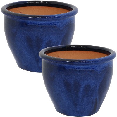 Sunnydaze Chalet Outdoor/Indoor High-Fired Glazed UV- and Frost-Resistant Ceramic Planters with Drainage Holes - 12" Diameter - Imperial Blue - 2-Pack