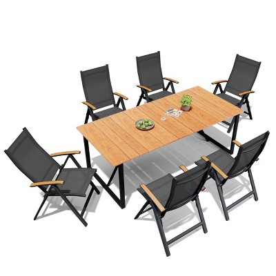 Crestlive Products Outdoor Dining Set 82.7 inch Patio Dining Table with Folding Dining Chairs Wooden-Like Top and Aluminum Frame Umbrella Hole