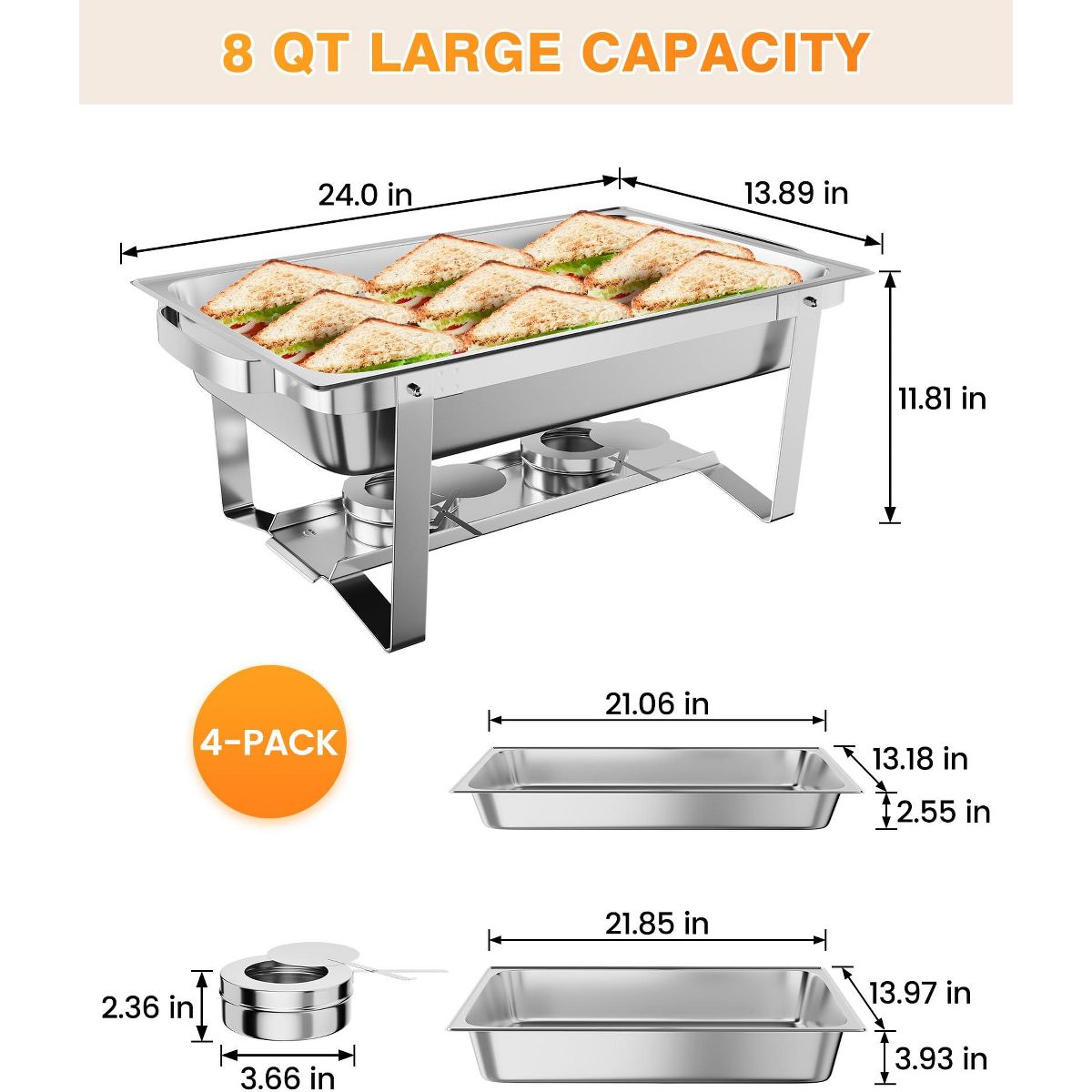 8QT Stainless Steel Chafing Dish Buffet Set – Food Warmers with Water Pan, Folding Frame, Lid Holder, Tweezers – Catering Chafer for Parties,Weddings - thumbnail 9