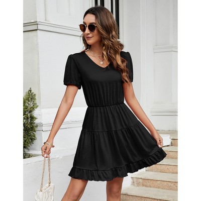 Women's Petite V-Neck Puff Sleeve Ruffled Midi Dresses