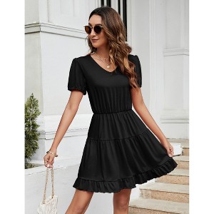 Women's Petite V-Neck Puff Sleeve Ruffled Midi Dresses - 1 of 4