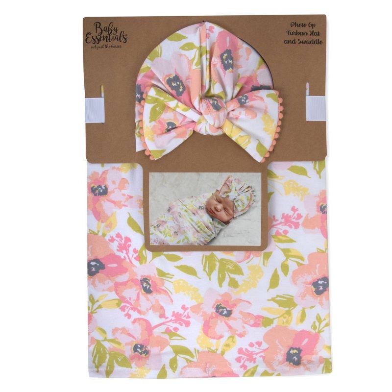 Baby Essentials Soft Floral Swaddle Blanket and Turban Set, 2 of 4