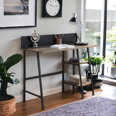 INFURNIC Writing Desk Rustic Desk with 2-Tier Storage Shelf and Smartphone Tablet Holder for Office, Brown, 20"*43"*30"