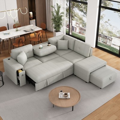 NicBex 86.6" L-shaped Sectional Sofa Pull-out Sofa Bed with Movable Ottoman, 2 USB Ports and 2 Cup Holders for Living Room