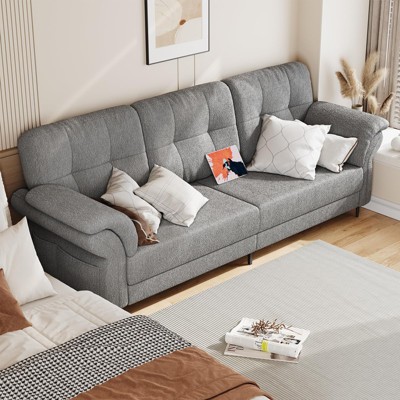 84-Inch Teddy Fleece Sofa for Living Room – Minimalist Small Couch with Removable Pillows, Curved Armrests & Convenient Side Pockets, White