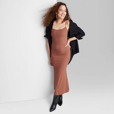 Wild Fable Light Tan Ribbed Midi Dress with Keyhole Bust Detail