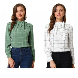 INSPIRE CHIC Women's Bow Tie Neck Keyhole Back Grid Checks Office Work Blouses 2 Packs - 1 of 4