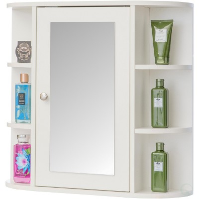 Basicwise White Wall Mounted Bathroom Storage Cabinet Organizer, Mirrored Vanity Medicine Chest with Open Shelves