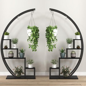 5 Tier Round Plant Stand - Metal Garden Plant Holder Half Moon Flower Shelf Rack With 4 Hanging Hooks - 1 of 4