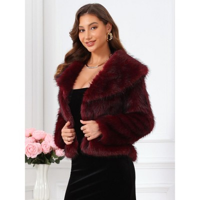 INSPIRE CHIC Women's Long Sleeve Lapel Collar Evening Cocktail Fluffy Shaggy Faux Fur Jacket Medium Burgundy — фото 2