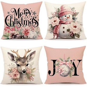 LISM Set of 4 Christmas Pillowcases,Decorations Snowman Deer Joy Pillow Covers - 1 of 4