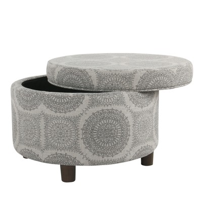 Gray Round Medallion Storage Ottoman with Wood Legs