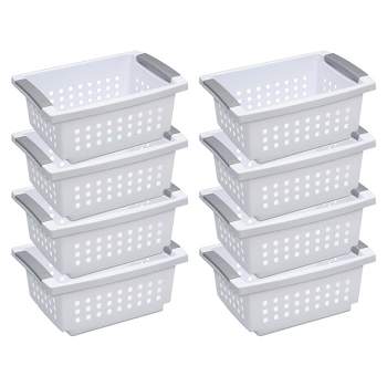 Sterilite Small Plastic Stacking Storage Basket Container Totes w/ Comfort Grip Handles and Flip Down Rails for Household Organization