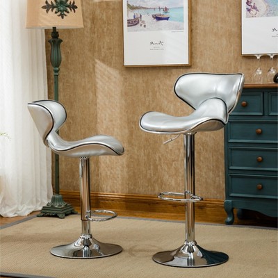 Counter Barstools Set of 2, Faux Leather Swivel Bar Stools Adjustable Height with Chrome Base for Kitchen, Pub, Gray