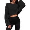 Comfort Cropped Sweatshirt with Long Balloon Sleeves Loose Fit Crew Neck Casual Workout Top - 3 of 4