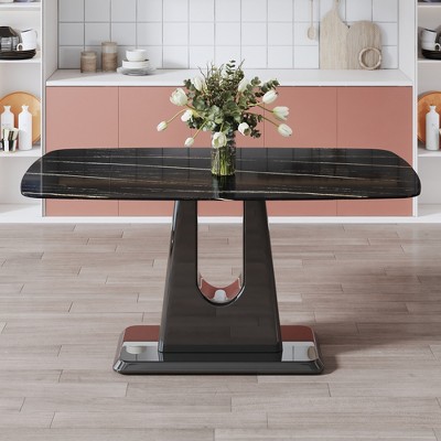 GDFStudio Lucknow 63" Modern Imitation Marble Glass Dining Table with U-shaped legs