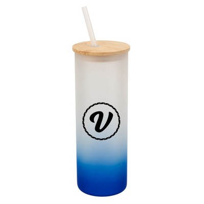 Elanze Designs V Monogram Letter Initial Rope Circle Wrap-Around Design 25 Ounce Frosted Gradient Glass On-The-Go Coffee Travel Skinny Tumbler Mug