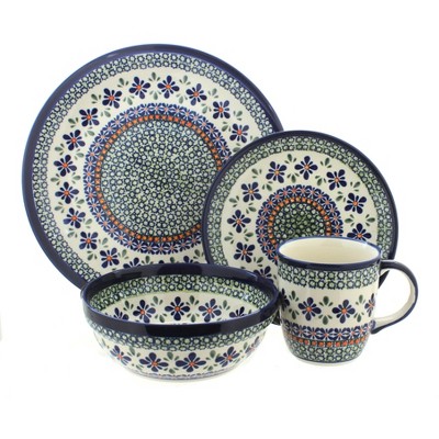 Blue Rose Polish Pottery Mosaic Flower 16 Piece Dinner Set