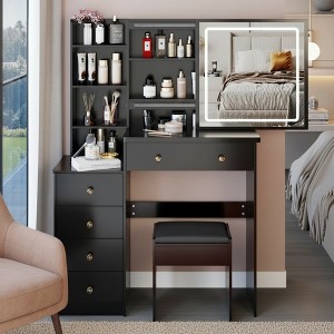 FONTOI 29.2"W/37"W/41"W Makeup Vanity Table with Left Drawer Stool Large Sliding Mirror Capacity Storage for Bedroom Dressing Room, White/Black - 1 of 4