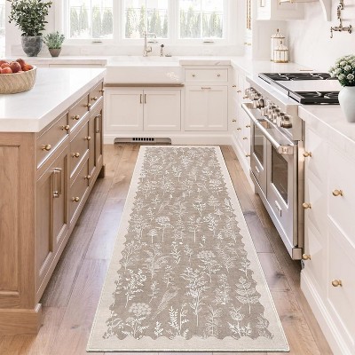 Washable Rugs for Bathroom Floral Kitchen Rug Neutral Scalloped Carpet, Non-Slip Hallway Rug Stain Resistant Modern Low-Pile Carpet