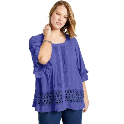 June + Vie by Roaman's Women's Plus Size Lace-Trimmed Boho Blouse