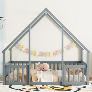 MAYEERTY Twin Wood House-shaped Floor Bed with Fence, Guardrails Gray - 1 of 4